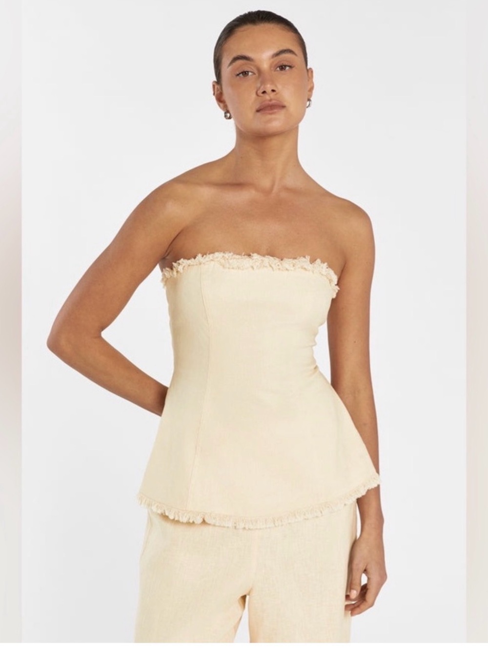 DISSH Strapless Frayed Edge Corset Top in Cream